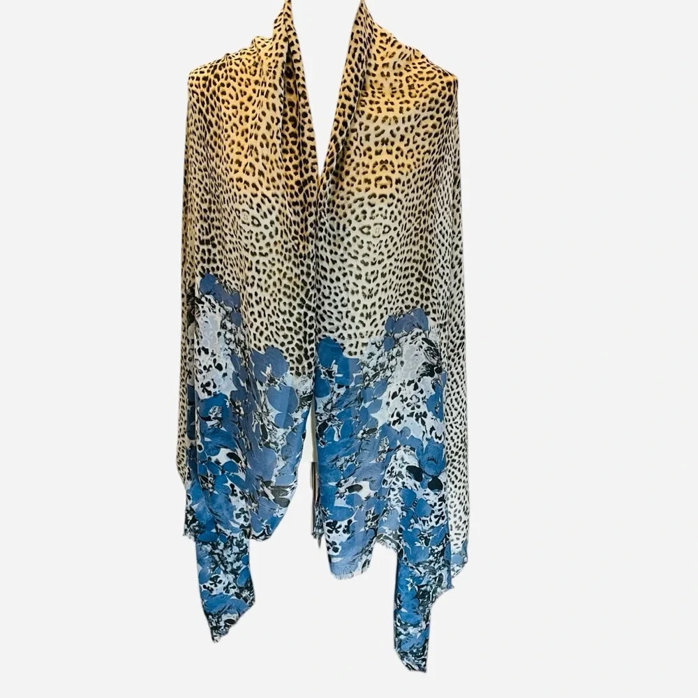 Chico's Cheetah Animal Print & Batik Blue Cream Oversized Scarf Wrap Shawl